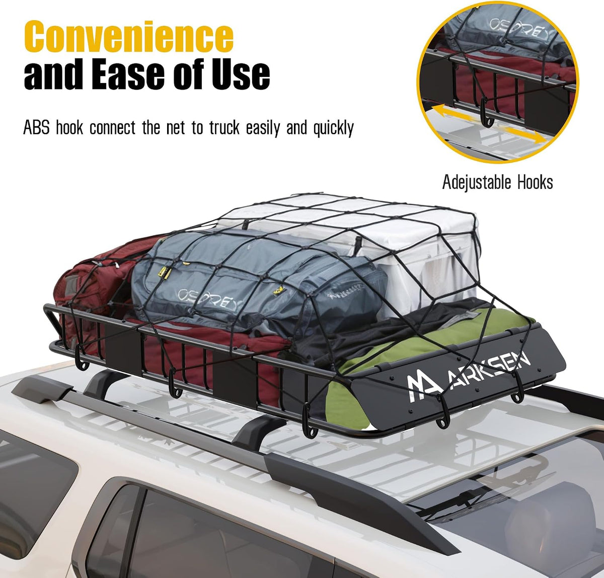 ARKSEN 17" x 33" Heavy Duty Tangle-Free Nylon Cargo Net (3.9" x 3.9" Mesh) Universal Bungee Stretches for Pickup, Truck, Bed, SUV, Roof Rack & Travel Luggage Rack