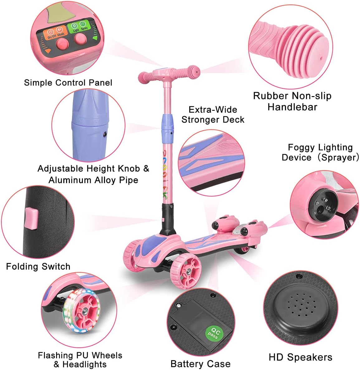 Skiennix 3-Wheel Scooter for Kids - Bluetooth Speaker, LED Lights, Foldable Design | Ages 3-10