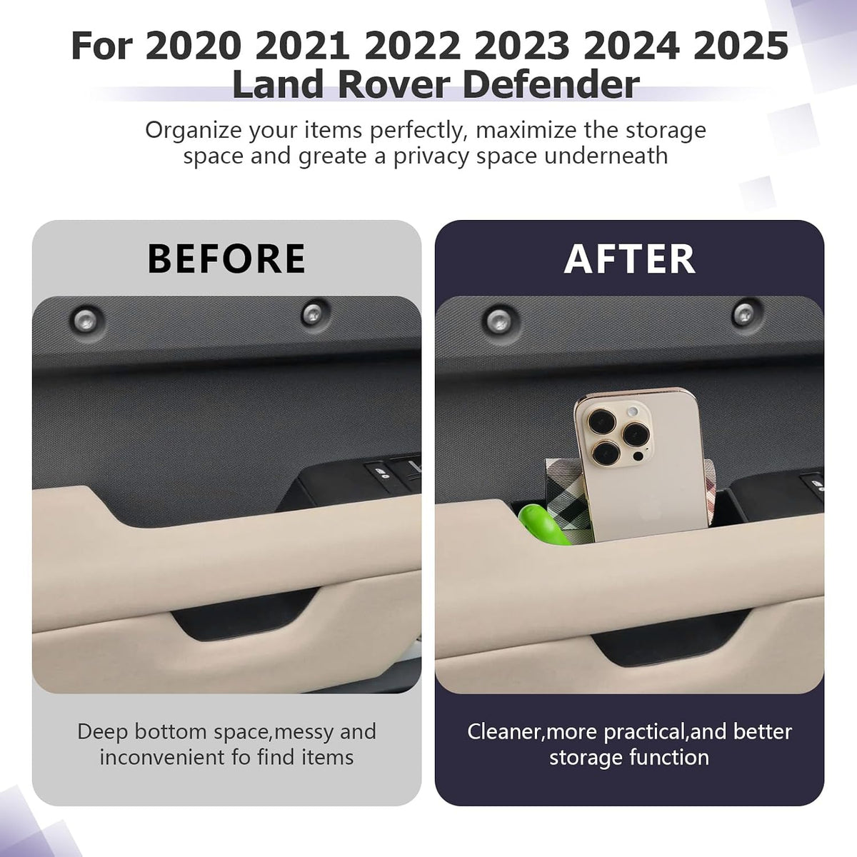 LUWU 2025 Defender Front Door Side Box Compatible with 2020 2021 2022 2023 2024 2025 Land Rover Defender Accessories Center Console Organizer Armrest Console Organizer Insert Tray 2-Pack