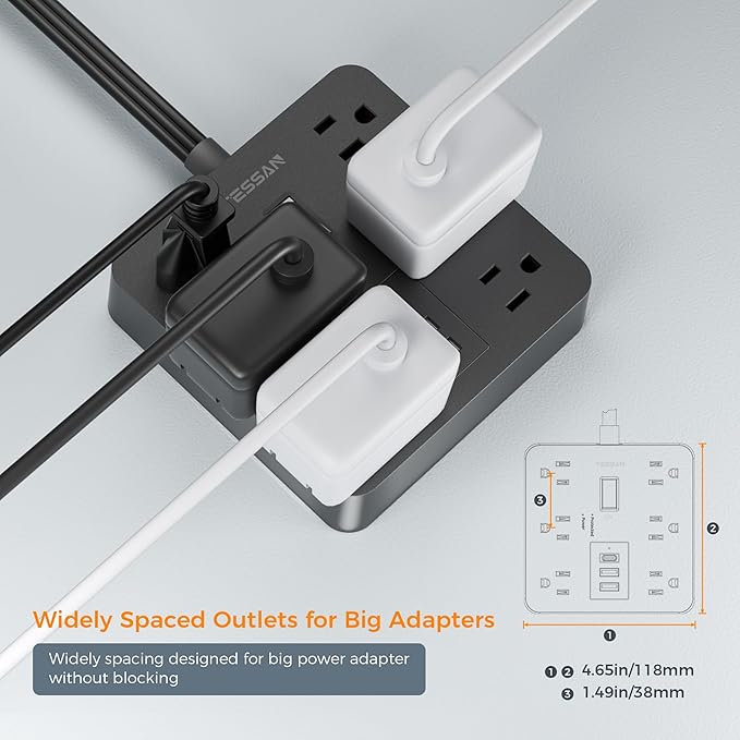 TESSAN Surge Protector Power Strip, Flat Plug Extension Cord 15 Ft with 6 Outlets and 3 USB (1 USB C) Ports, 1700J Protection, Desktop Black Long Power Cord for Indoor Home Office School Dorm Room