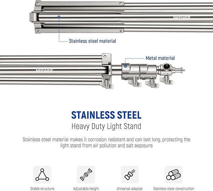NEEWER 7.2ft/2.2m Stainless Steel Light Stand, Spring Cushioned Heavy Duty