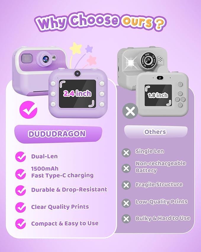 Instant Camera, Front Rear Dual Selfie Kids Camera