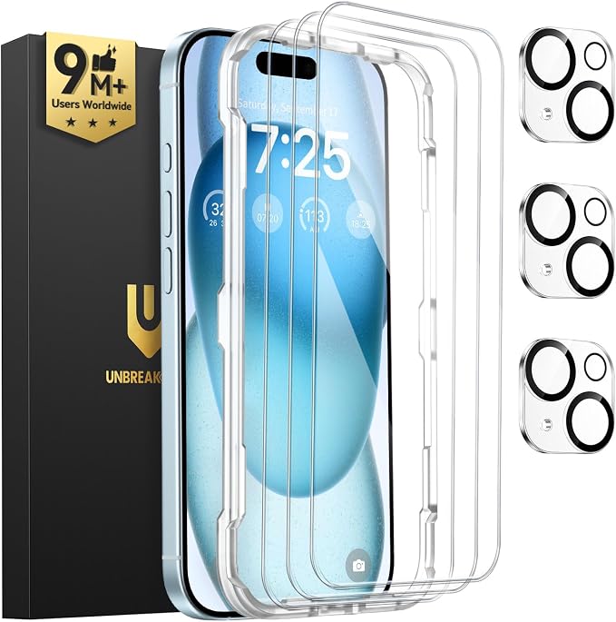 UNBREAKcable iPhone 15 Screen Protector 3-Pack, Upgraded Dual-Tempered Glass +