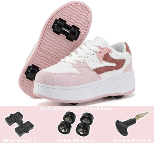 ANEFUN Roller Skate Shoes for Kids Boys Girls Sneakers with Detachable Wheels Sport Shoe White/Pink