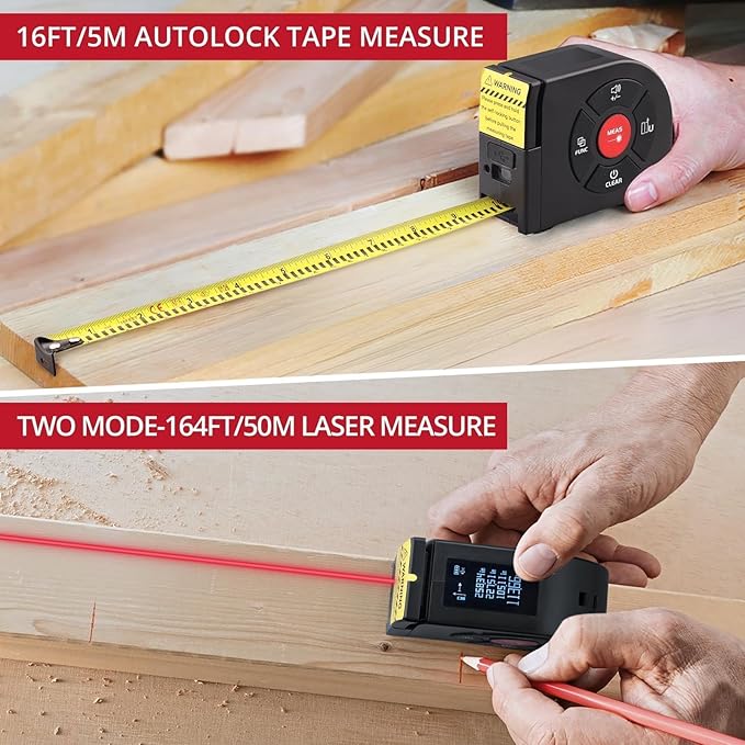 BINTA 2-in-1 Laser Tape Measure, 164Ft/50M Laser Measurement Tool & 16.5Ft/5M