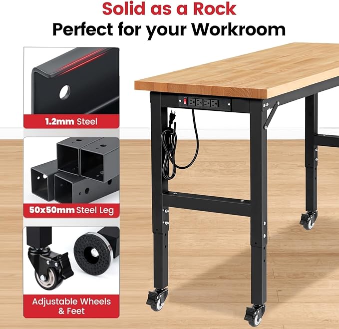 ENJOYWOOD 60" x 22" Heavy Duty Workbench with Wheels, Adjustable Height Garage Work Table with Solid Rubberwood Top, Pegboard & Power Outlets for Workshop, Home & Office