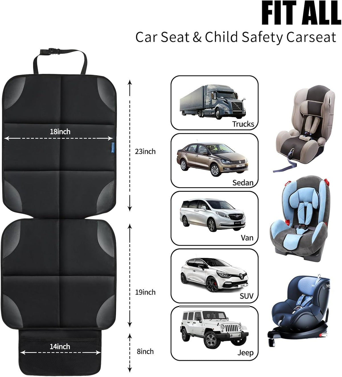 Car Seat Protector for Child Carseat, 1 Pack Protect Car Seat Cover for Baby with Thickest Padding and Non-Slip Padded Backing Mesh Pockets Kids Pets Car Back Seat Protectors(Black)