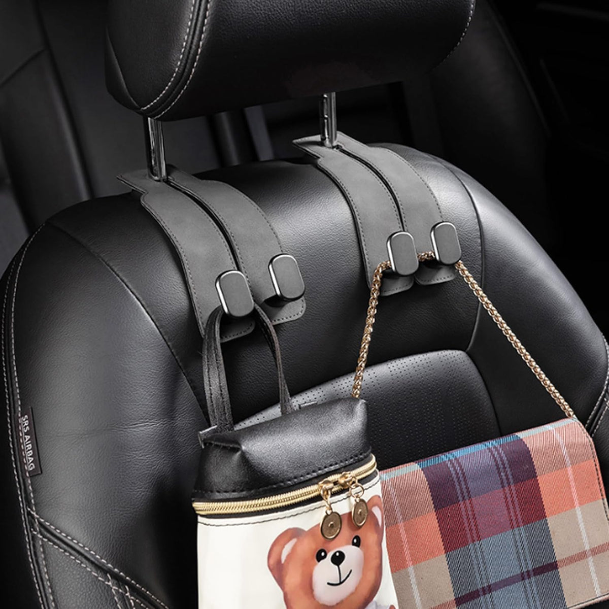 Amelity Car Headrest Hooks, Purse Hook for Car 4 Pack Gray | Universal Car Interior Accessories for Women, Available in 2/4 Pack, Storage Hanger Holds Purses, Backpacks, Grocery Bags