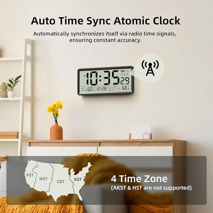 EASYERA 15'' Large Digital Wall Clock Battery Operated, Atomic Clock