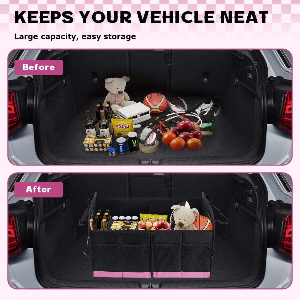 Car Trunk Organizer, 72L Large Capacity Waterproof Auto Storage Organizer with Non-Slip Bottom Strips, Collapsible Cargo Organizer for Suv, Truck, Sedan, Portable Car Accessories for Women Men(Pink)
