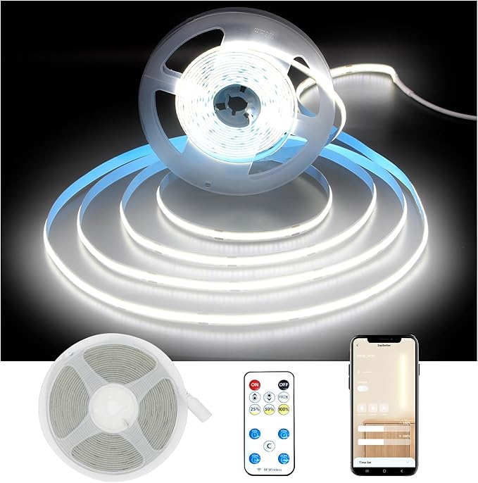 DAYBETTER COB LED Strip Light,LED Lights for Bedroom 16.4ft,Daylight White 6500K Dotless LED Light Strip,3200 LEDs Super Bright Dimmable 24V Flexible Tape Lights with Remote,Kitchen,Cabinets Lighting