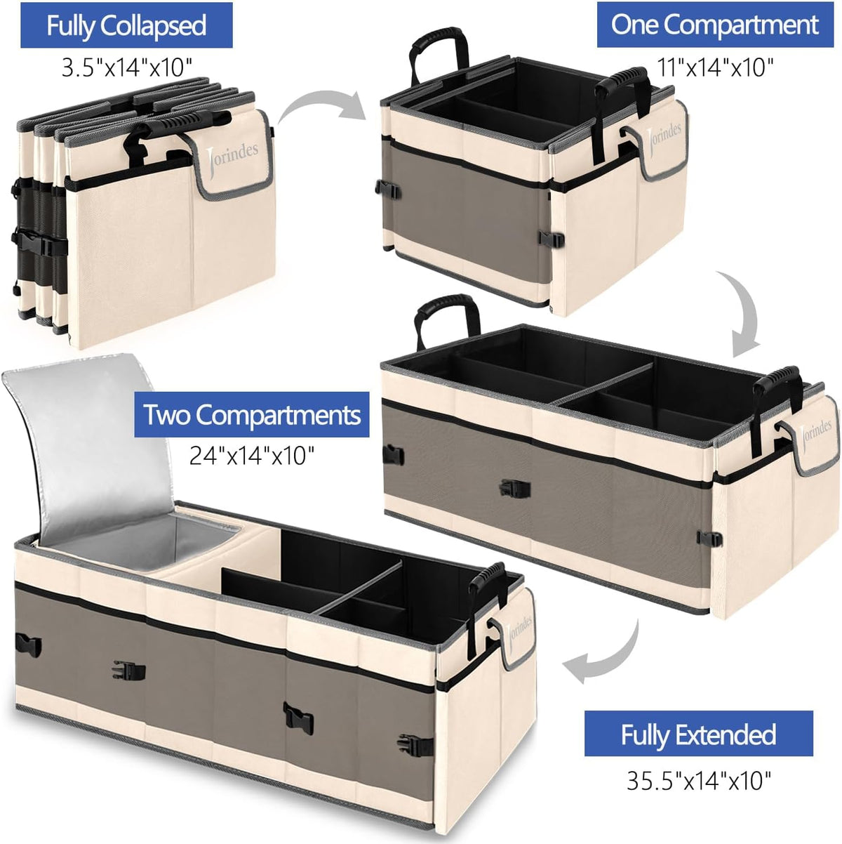 Trunk Organizer with Built-in Insulated Leak Proof Cooler Bag,Collapsible Cargo Organizer for SUV with Non Slip Bottom Strips,3 Large Compartments Foldable Waterproof Portable Car Storage Box