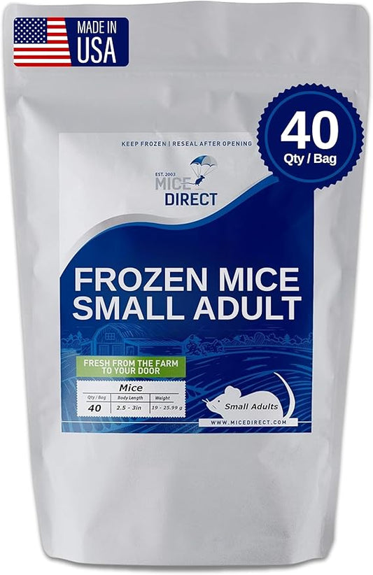 MiceDirect EST. 2003 40 Frozen Mice Small Adult Feeders Snake Food for Juvenile Red Tail Boas Ball Pythons Adult Sand Boas Milks Corn (2.5-3 in) (760 Grams Min)