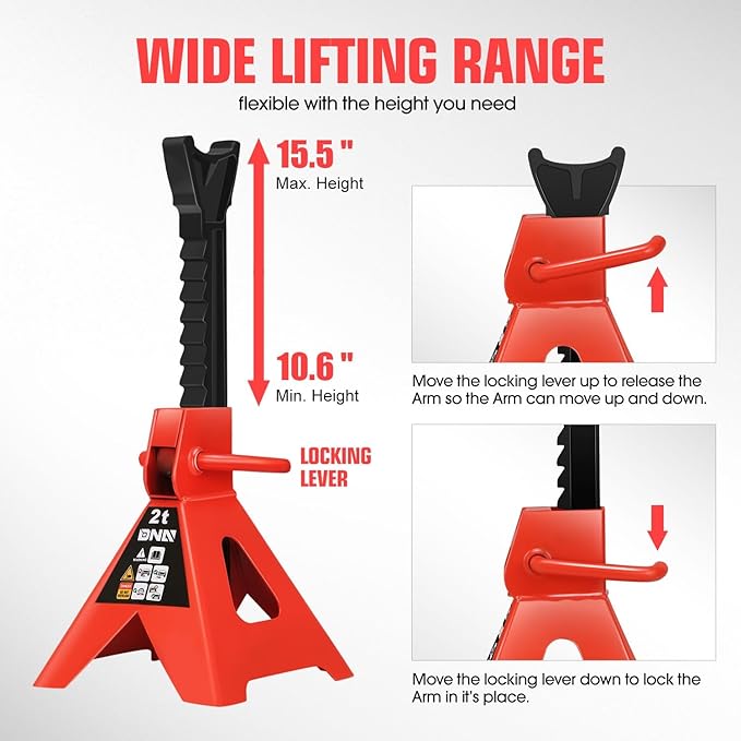 DNA Motoring 1 Pair Jack Stands, 2 Ton (4400 lbs) Capacity Car Lifting Stand, Adjustable Height Car Jack Stands for Cars, Sedans, Small Vehicles, SUV, TOOLS-00681-RD