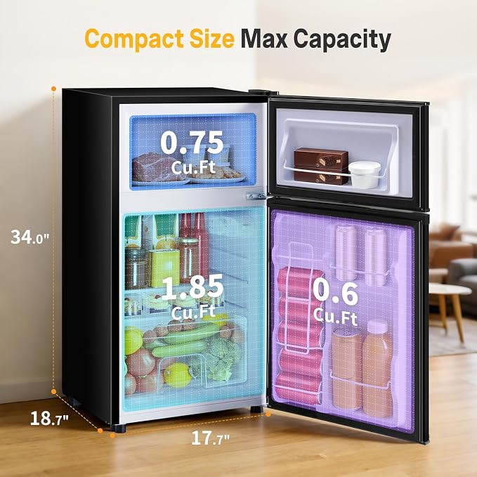Mini Fridge with Freezer, 3.2 Cu.Ft Mini Refrigerator, Small Beverage Fridges with Adjustable Thermostat, for Bedroom, Office, Dorm, Dual Door, Quiet & Energy Saving, Black