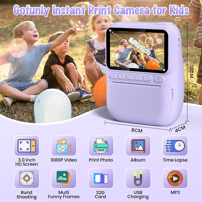Kids Camera Instant Print, 3.0" HD 32MP Kids Camera Christmas Birthday Gifts