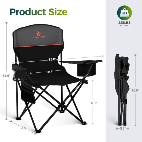 ALPHA CAMP Folding Camping Chairs - Portable Lawn Chairs with Cup Holders | Supports 225 LBS, 2 Pack
