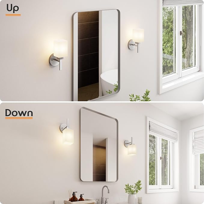 Bathroom Light Fixture Brushed Nickel Vanity Lighting with White Frosted Glass Shade, Wall Lamp for Mirror Kitchen Bedroom Living Room Porch T002BR-L1