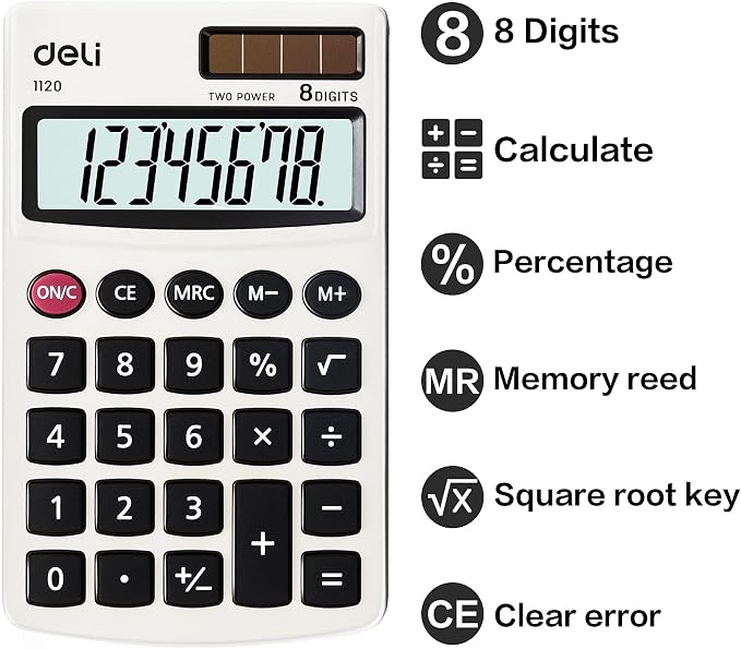 Calculator, Deli Standard Function Basic Calculators, Solar Battery Dual Power