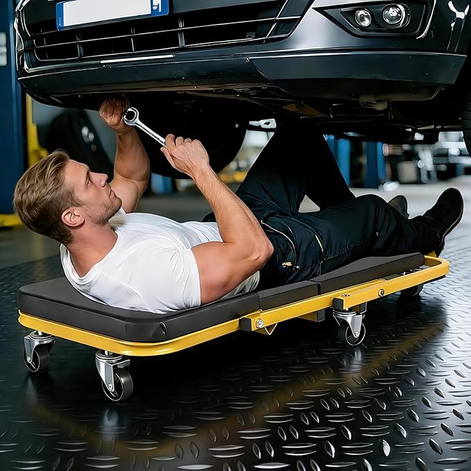 YELLOW JACKET Mechanic Creeper Stool, 40 Inches Extended 2-in-1 Foldable Z-Creeper Rolling Garage Seat with Wheels, Heavy Duty Steel Auto Repair Garage Stool for Shop, 330 LBS Capacity