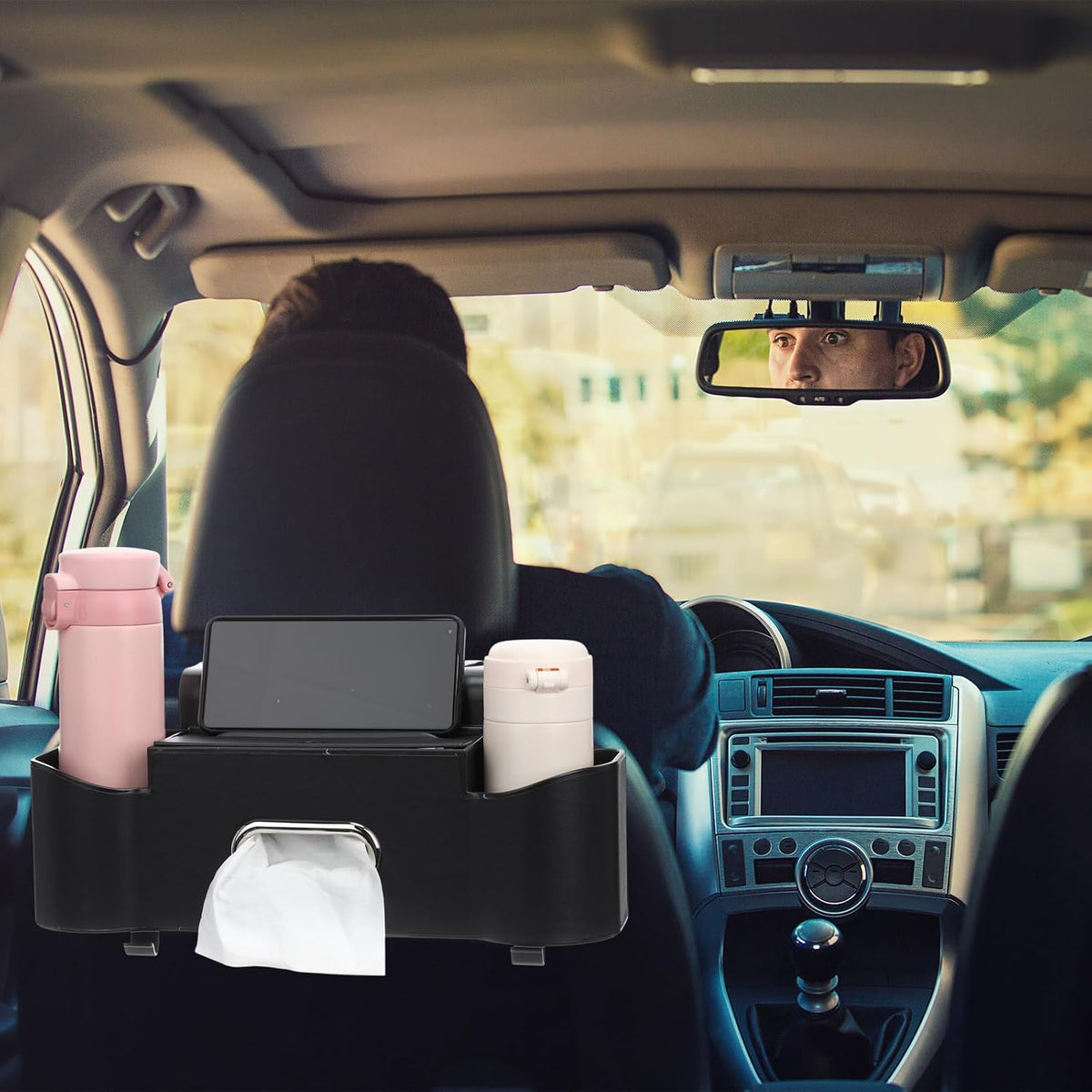 LemonRoad 2 Pack Multifunctional Car Seat Back Storage Box Car Seat Back Organizer with Tissue Box, 2 Drinks Cup Holders and Hooks for Hold Phone, Handbag, Fits for Most Cars(Black)