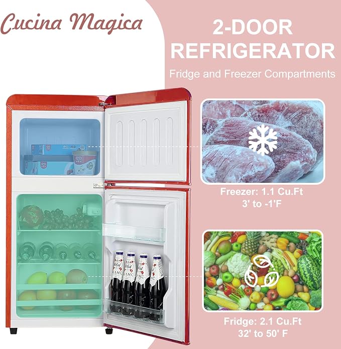 Mini Fridge with Freezer, 3.2 Cu.Ft Retro Double Door Refrigerator with 7 Level Thermostat, Adjustable Removable Glass Shelves for Bedroom Office Apartment Dorm Bar (RED, 3.2 Cu.Ft.)