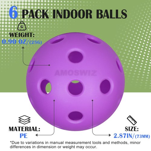 Amoswiz Indoor Pickleball Balls, 6 Pack of 26 Holes Pickleballs, USAPA Approved Indoor Pickleballs Set, High Visibility Durable Pickle Balls for Training and Tournament, Purple