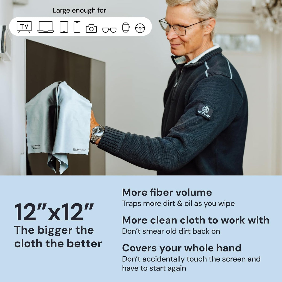 Elite Tech Gear Microfiber Cleaning Cloths for Glasses & Screens, 8-Pack | Blue - Large 12"x12" - Streak-free - Safe for Delicate Lenses - Washable - Clean Glasses, TVs, Phones, DSLR and Coated Lenses