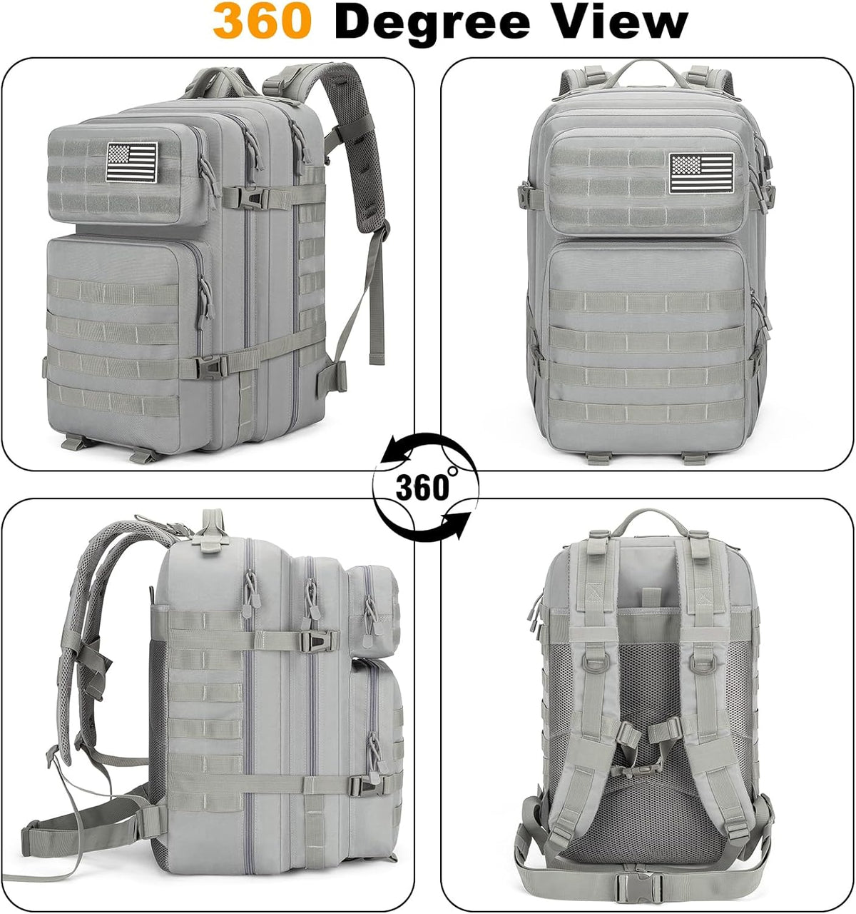 Skiennix Tactical Backpack 45L - Water Resistant MOLLE Rucksack for Hiking, Camping & Travel (Grey)