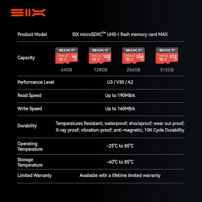 SIX M200 128GB Micro SD Card Read Up to 190MB/s