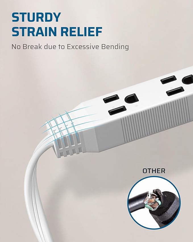DEWENWILS 15FT Flat Plug Extension Cord, 3 Prong Ultra Thin Power Strip, 13A/125V/1625W, 16/3 Awg Grounded Flat Power Cable for Indoor Narrow Space, SPT-3 Cord, ETL Listed, White