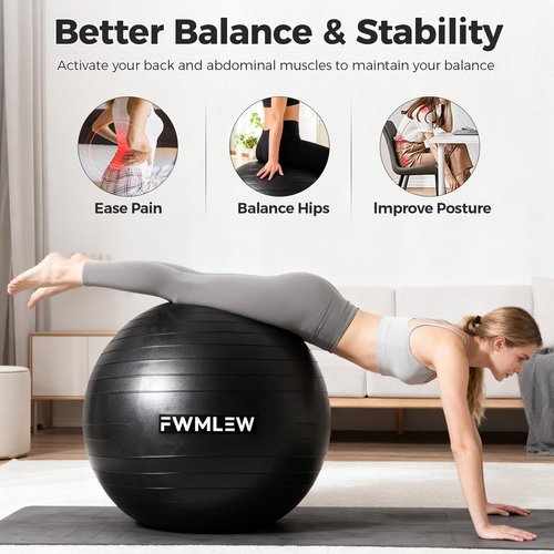 FWMLEW Extra Thick Exercise Yoga Ball, 5-Size Anti-Burst Heavy Duty Stability Gym Ball for Fitness, Core Workout, Pregnancy & Office Chair, Includes Quick Pump (L(23-26ines/58-65cm))