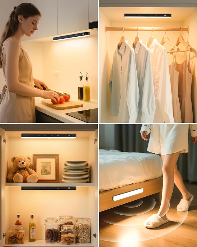 Ferswe Motion Sensor Light Indoor Rechargeable, Battery Level Display, 60 LED Motion Sensor Closet Lights, Dimmable Touch Control, Under Cabinet Lights for Kitchen, Closet, Cupboard(2 Pack)