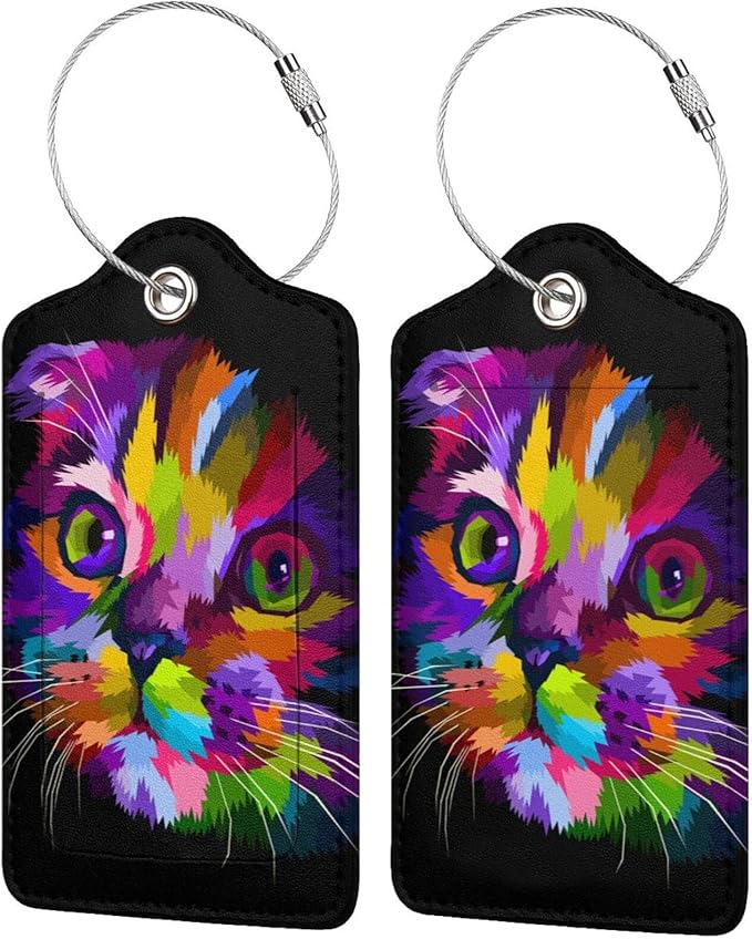 Cute Cat Leather Luggage Tags for Adults Teens, 2 Pack Colorful Art Kitten Animal Travel Bag Suitcase Labels with Stainless Steel Loop ID Tags Card Baggage Bag Label