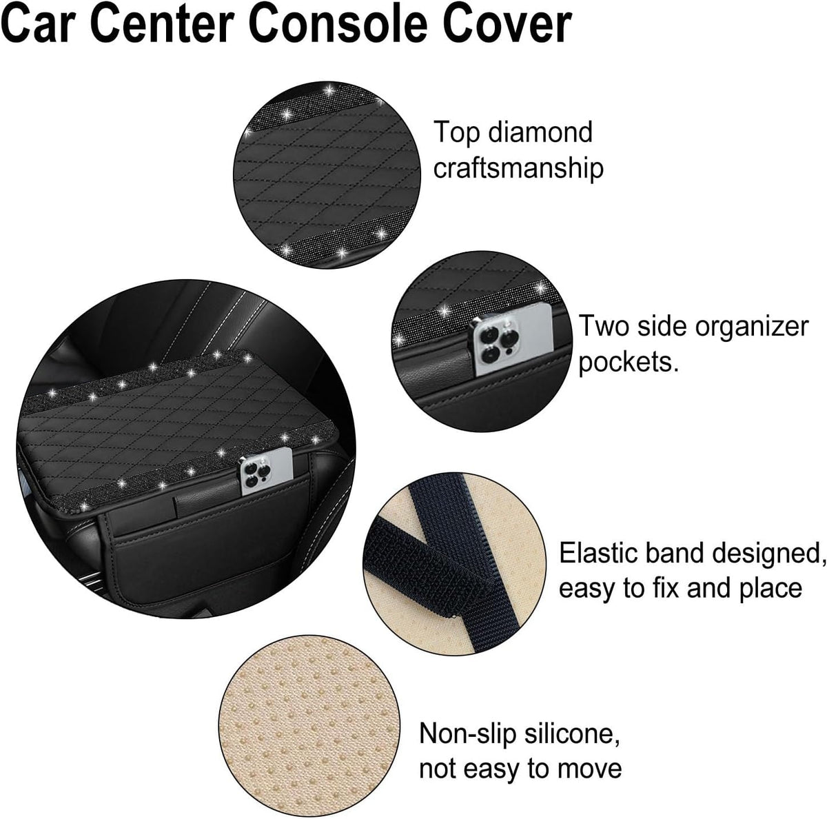 NBTEPEM Bling Car Center Console Cover, Leather Car Arm Rest Cover Cushion with 2 Storage Bags, Middle Console Cover Universal Armrest Protector Pads, Bling Accessories for Most Vehicles (Black)