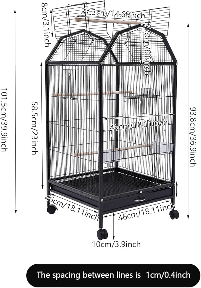 Large Bird Cage, Movable Pet Bird Flight Cages with 5 Doors, Panorama Bird Aviary Indoor with Stand 17.9x17.9x39.9, Fit for a Canary, Finch, Cockatiels, Conures, Parrot, Lovebirds