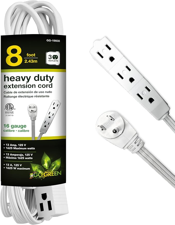 GoGreen Power (GG-19608) 16/3 8’ 3 Outlet Extension Cord, White, 8 Ft Cord
