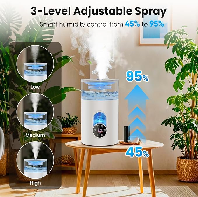 Humidifiers for Bedroom Large Room Home - GloryAir 6L Quiet Top Fill Cool & Warm Mist Humidifier with Smart Humidity Control, Remote Control, 7-Color Light, Humidistat, Oil Diffuser