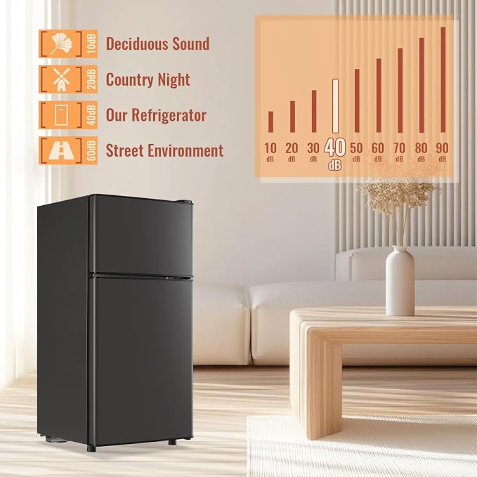 Mini Fridge with Double Doors 2.4 ft³ Small Refrigerator with Separate Freezer & 7 Adjustable Temperature Control, Tiny Size & Personal Fridge Ideal for Office Apartment Dorm Dark Grey