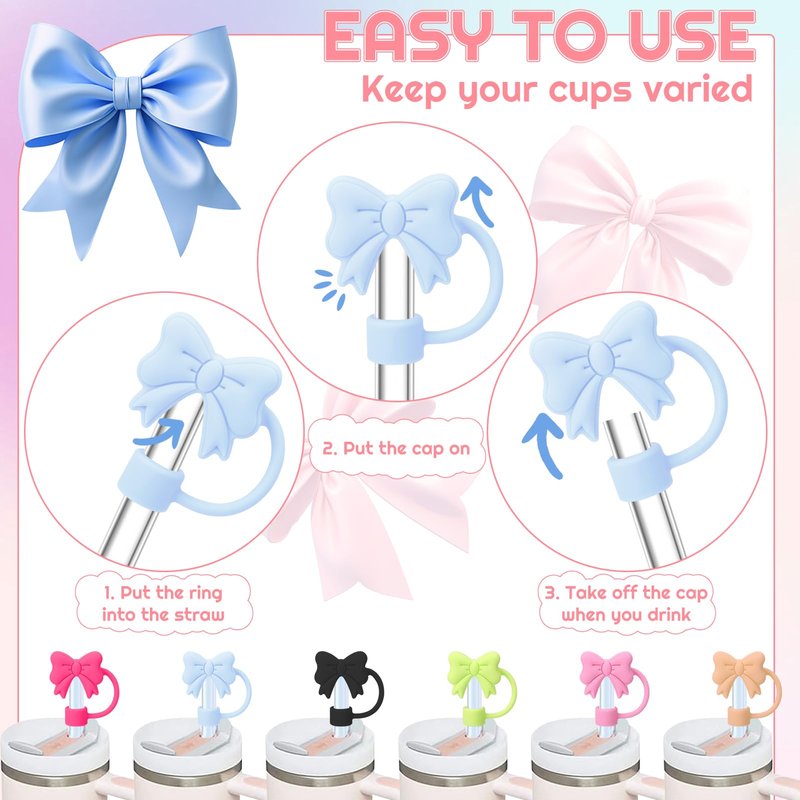 XLSXEXCL 12 Pcs Big Bow Straw Toppers Cover Caps Compatible with Stanley Cup Silicone Cute Reusable Straw Toppers for Cups 30&40 Oz Tumbler Accessories 10mm Colorful
