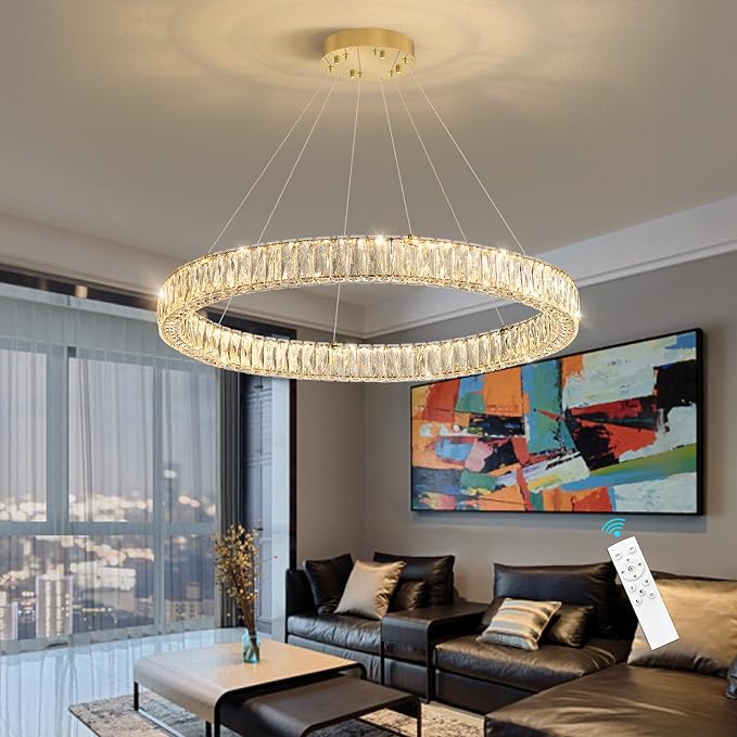 HAIXIANG Modern Crystal Chandelier Dimmable LED Ring Pendant Chandeliers Light