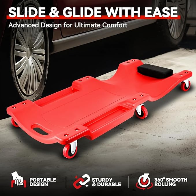 Auto Dynasty 36 Inches Mechanic Creeper, Automotive Garage Repair Low Profile Under Car Rolling Creeper with Padded Headrest, Plastic, Red