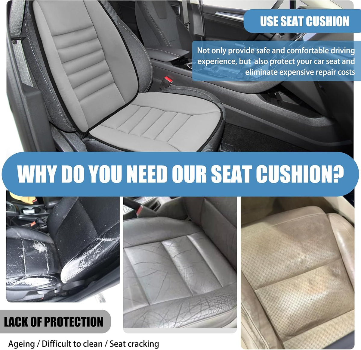 Car Seat Cushion, Memory Foam Cushion with Back Support, Gray
