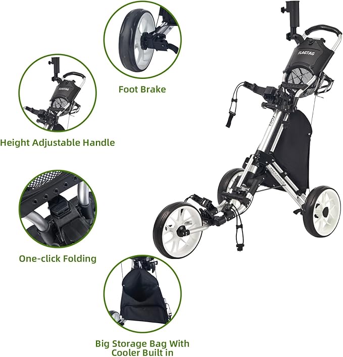 Golf Push Cart 3 Wheel,Foldable Golf Push Cart,Golf Bag Cart with Foot Brake,Umbrella Holder, Cup Holder, Storage Compartment