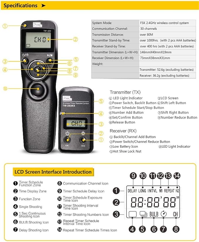 Pixel Timer Shutter Release Remote Control TW283-DC2 Remote Release