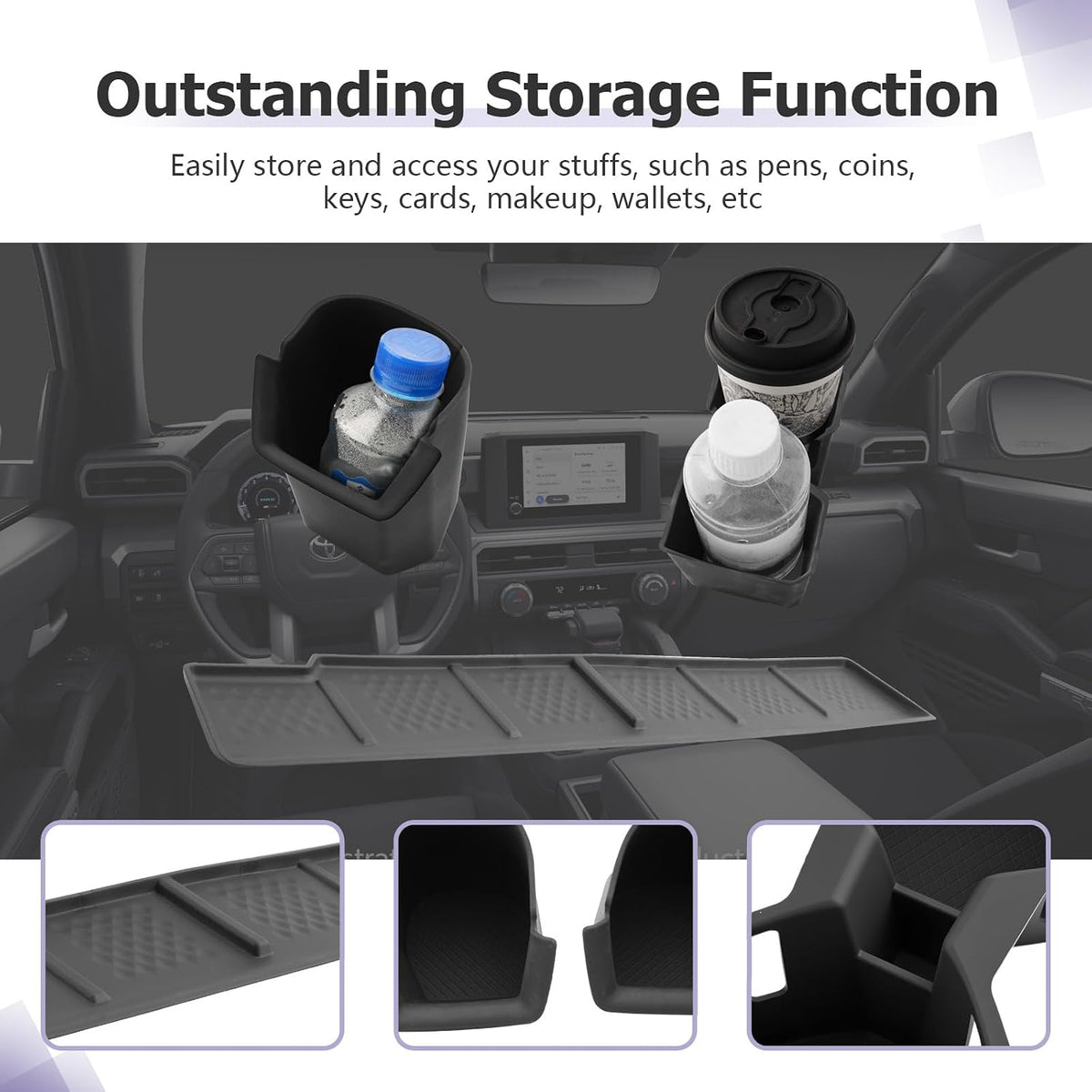 LUWU 2025 4Runner Accessories Compatible with 2025 Toyota 4Runner Center Console Cup Holder, Rear Seat Door Side Silicone Cup Holder, Passenger Side Storage Box Black 3-Pack