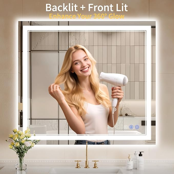 36"x40" LED Bathroom Mirror with Lights, Anti-Fog, Backlit + Front Lit, Dimmable, Led Vanity Mirror for Wall, Lighted Bathroom Mirror, 3 Colors, Shatter-Proof Tempered Glass