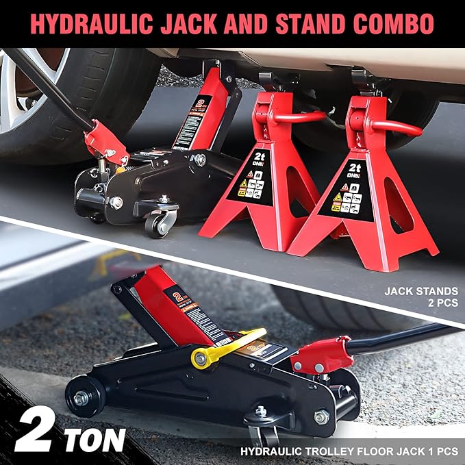 DNA Motoring 2 Ton Car Jack and Stands Kit 2T(4000 lbs) Capacity Low Profile Hydraulic Trolley Service/Floor Jack with 2 Ratchet Stands Combo for Home Garage Shop, Red/Black, TOOLS-00280