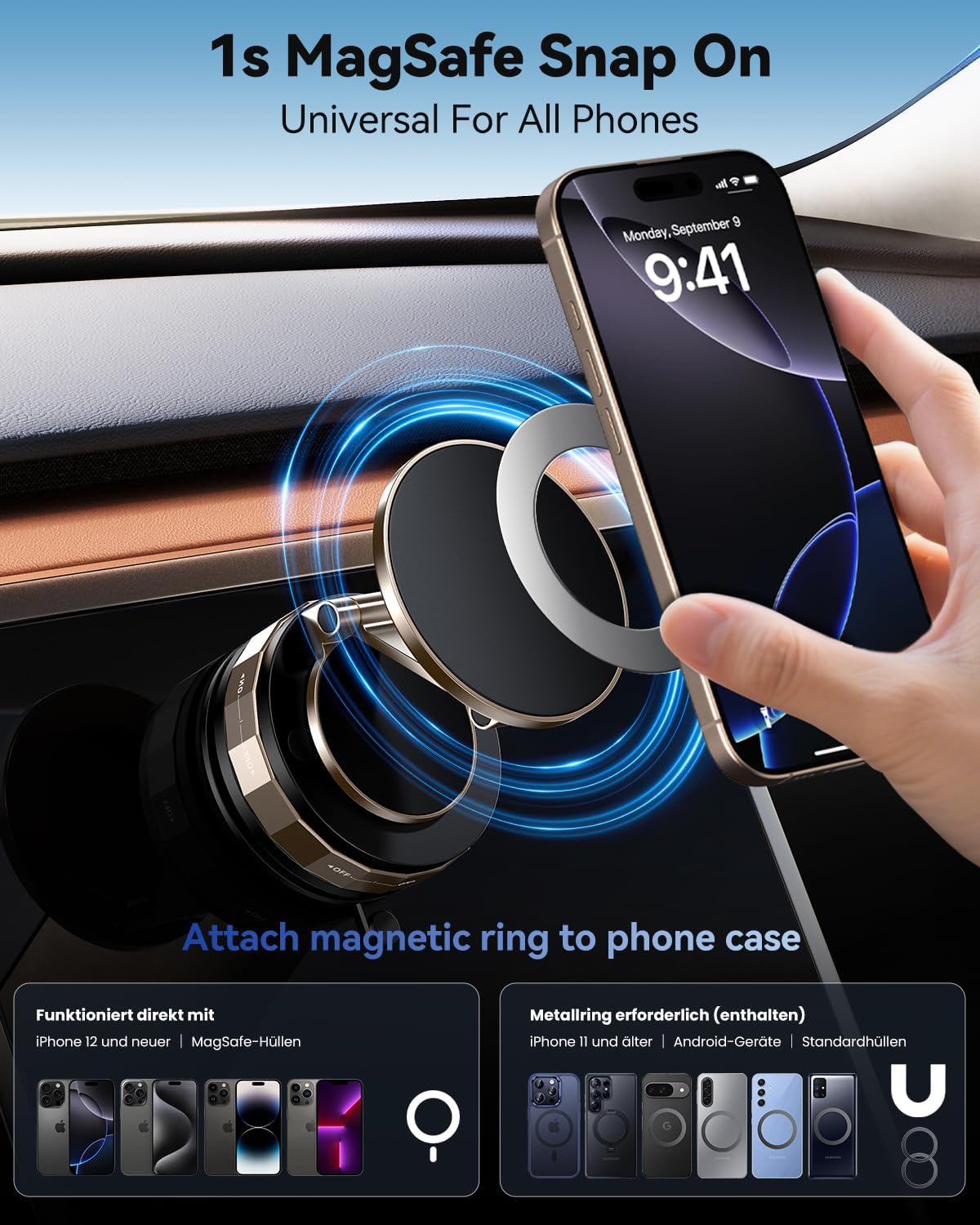 TECKNET Car Phone Holder,Vacuum Magnetic 360°Adjustable MagSafe Car Mount