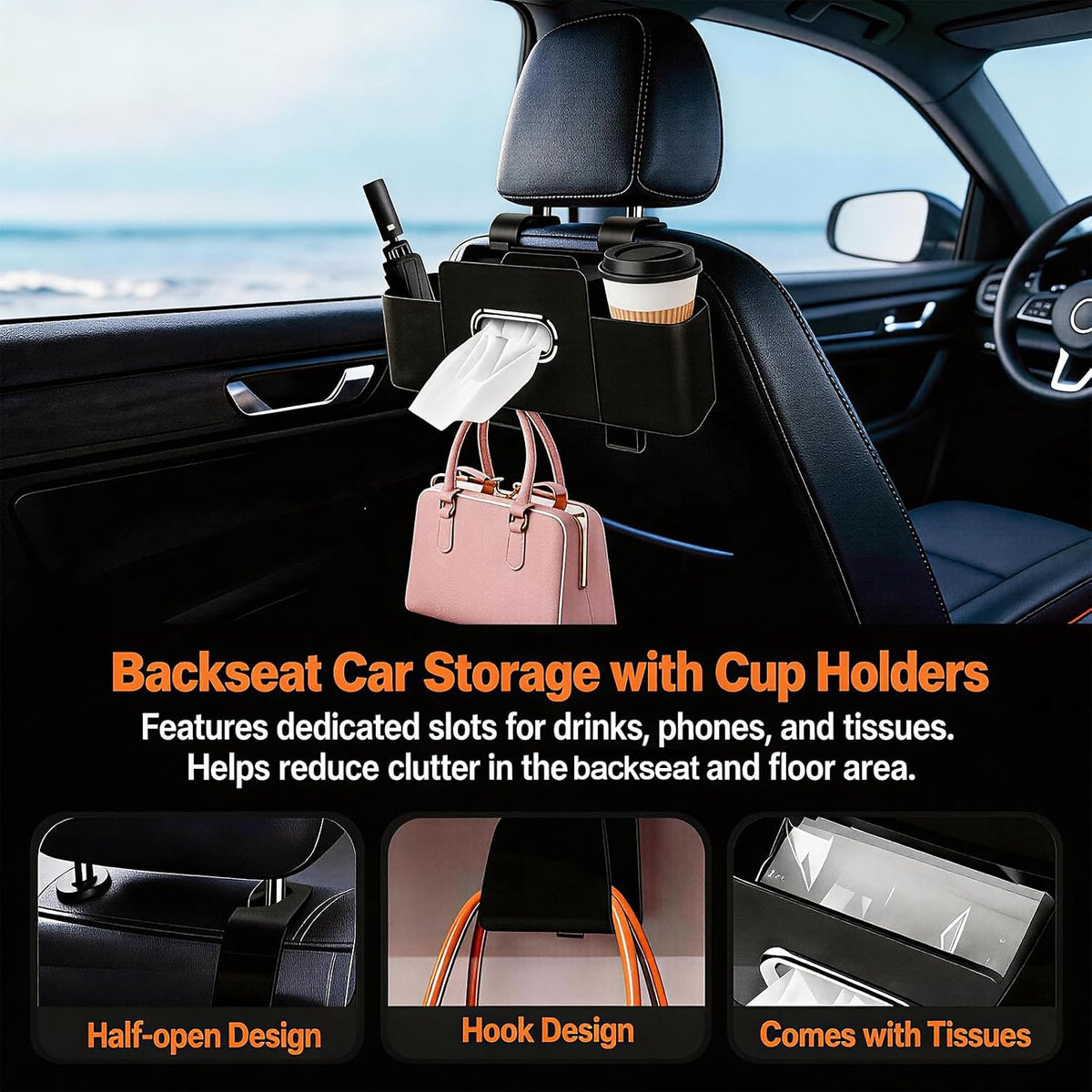 Car Organizer and Storage Box, Multifunctional Car Organizer Back Seat, Large Capacity Car Organizers and Storage Box for Phone, Drinks, Handbag, Travel Use, Compatible with Most Vehicles (Black)